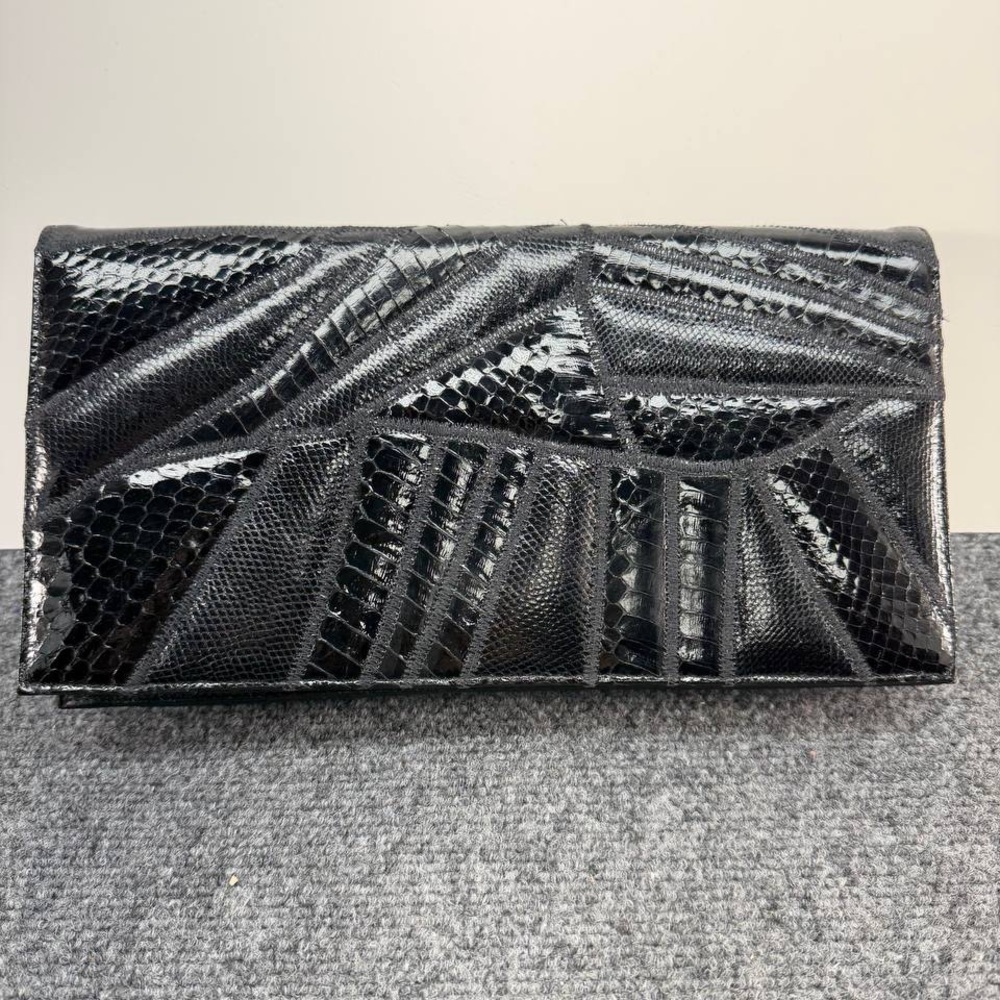 Vintage Varon Black Snakeskin Patchwork Clutch Shoulder Bag Evening Purse 12x6.5